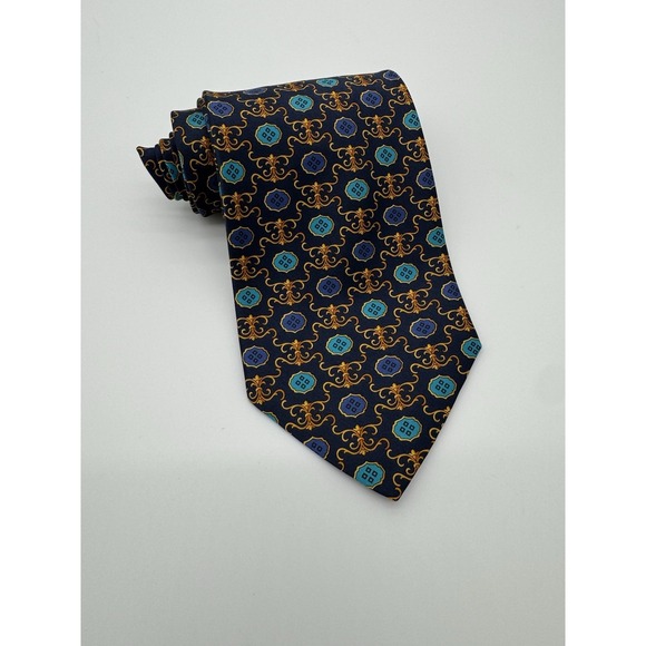 Giacomo De Senese Other - Giacomo De Senece Italian Silk Tie Navy Blue Gold Medallion Made In Italy